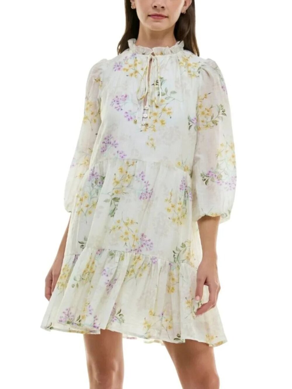 TAYLOR Mini Dress Crinkle Tiered Long Sleeve V-Neck Cream Floral XL